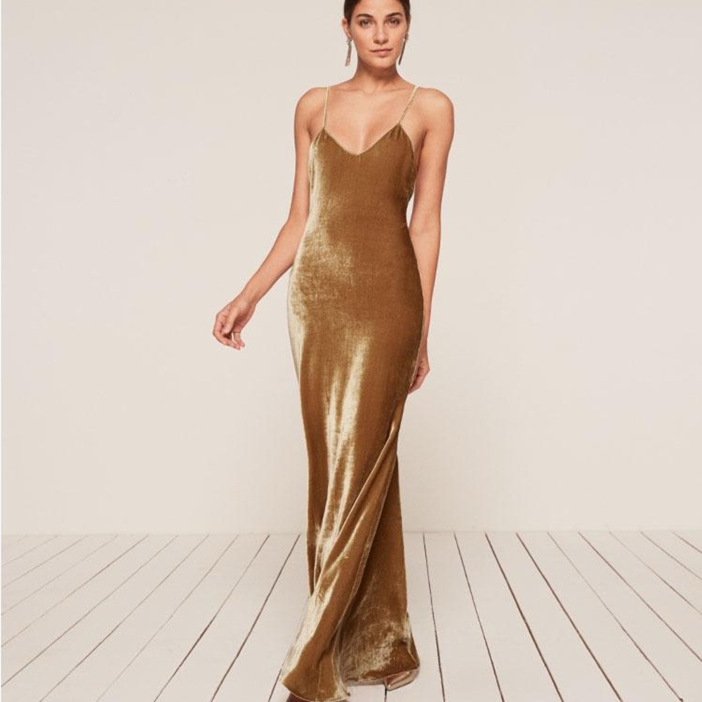 Reformation Metallic Gold Velvet Maxi Slip Dress